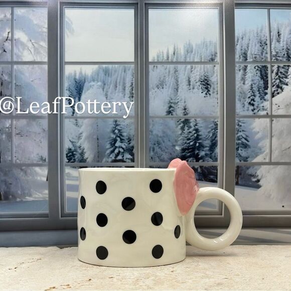 White and Black Polka Dot 16oz Mug with Pink Accent - Picture 1 of 11